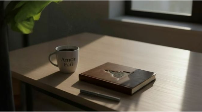 The Citadel Journal - Daily Stoic Practice and Reflection A minimalist workspace featuring The Citadel Journal, a dedicated notebook for Stoic practice and daily reflection. The journal sits on a clean wooden desk alongside an 'Amor Fati' coffee mug, creating an atmosphere of mindful contemplation. This setup represents the practical application of Stoic principles through structured journaling, including the 3-step reframe exercise for separating facts from judgments and cultivating emotional clarity.